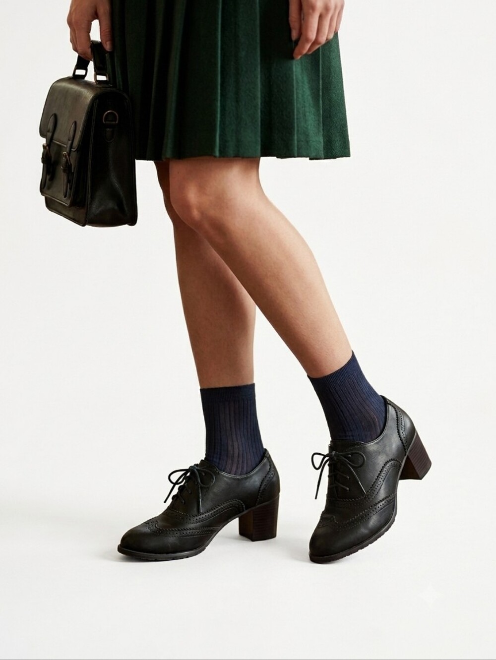 Black Vintage-Style Heeled Oxfords | Brogue Wingtip Pumps | Size 38 (US 7 - 7.5)